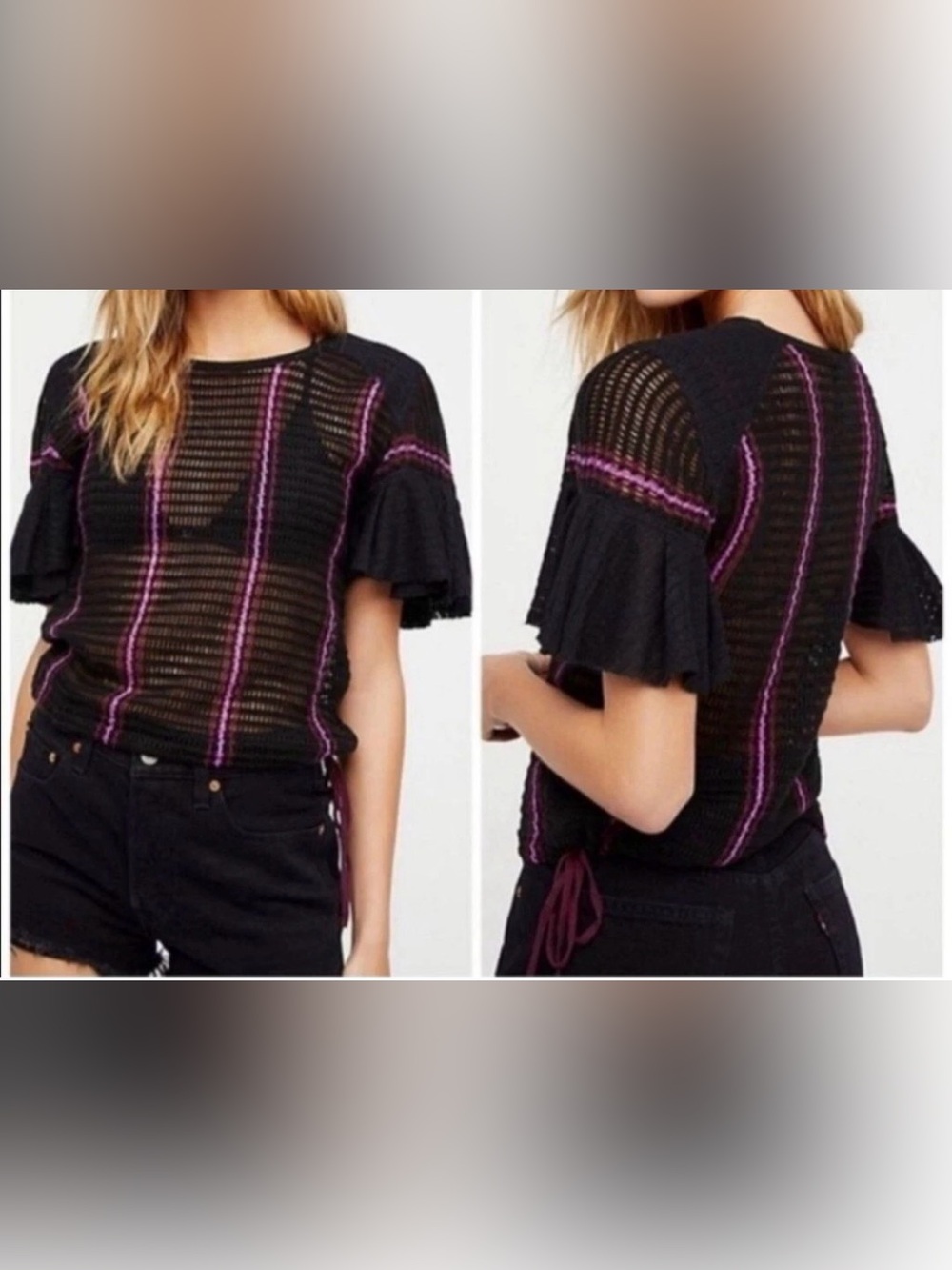 Free People Babes Only Crochet Sheer Top Black Open-Knit Bell Sleeves Tie Hem XS